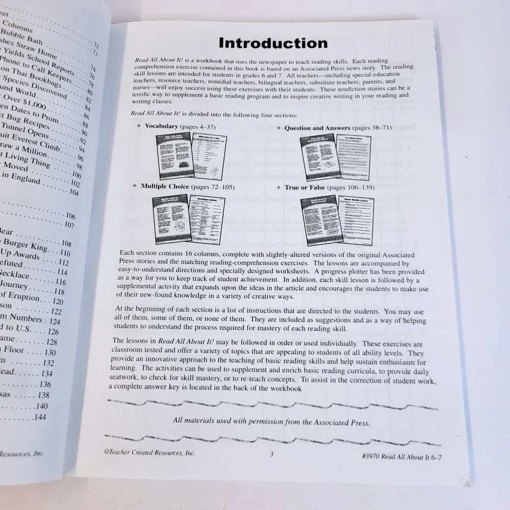 Teacher Created Resources Read All About It! Workbook Grades 6-7 TCR 3970 Book